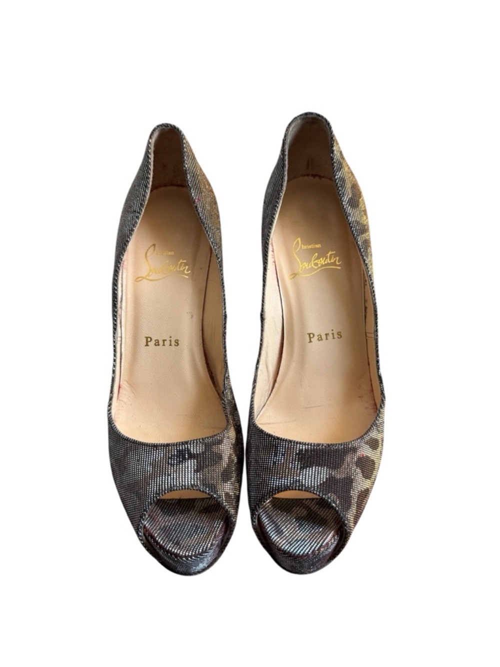 Christian Louboutin Leopard-Pattern Peep-Toe Pumps in Metallic Brown and Black